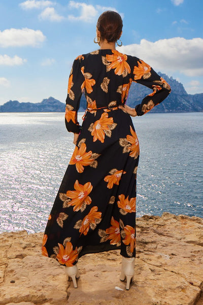 Jagger Maxi Wrap Dress in 70s Orange Floral Mix Dancing Leopard