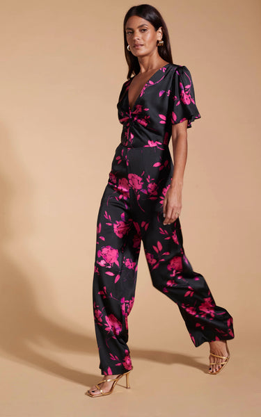 Annis Jumpsuit In Pink On Black Floral – Dancing Leopard