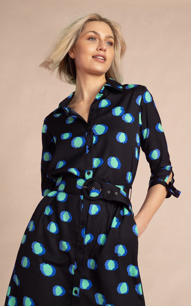 Jonah Mini Shirt Dress in Polka Dot Blue on Black – Dancing Leopard