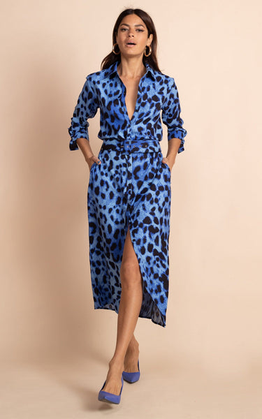 Alva Midi Shirt Dress in Bright Blue Leopard Print