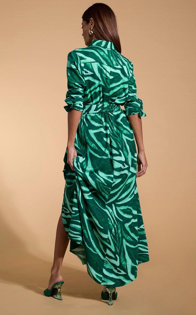 A female model faces backwards. She wears a Dancing Leopard maxi shirt dress, in green zebra print.