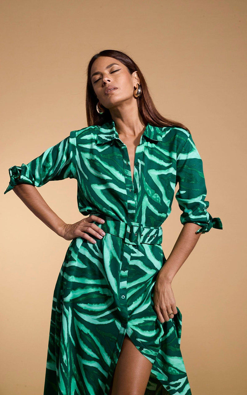 A female model faces forwards. She wears a Dancing Leopard maxi shirt dress, in green zebra print.