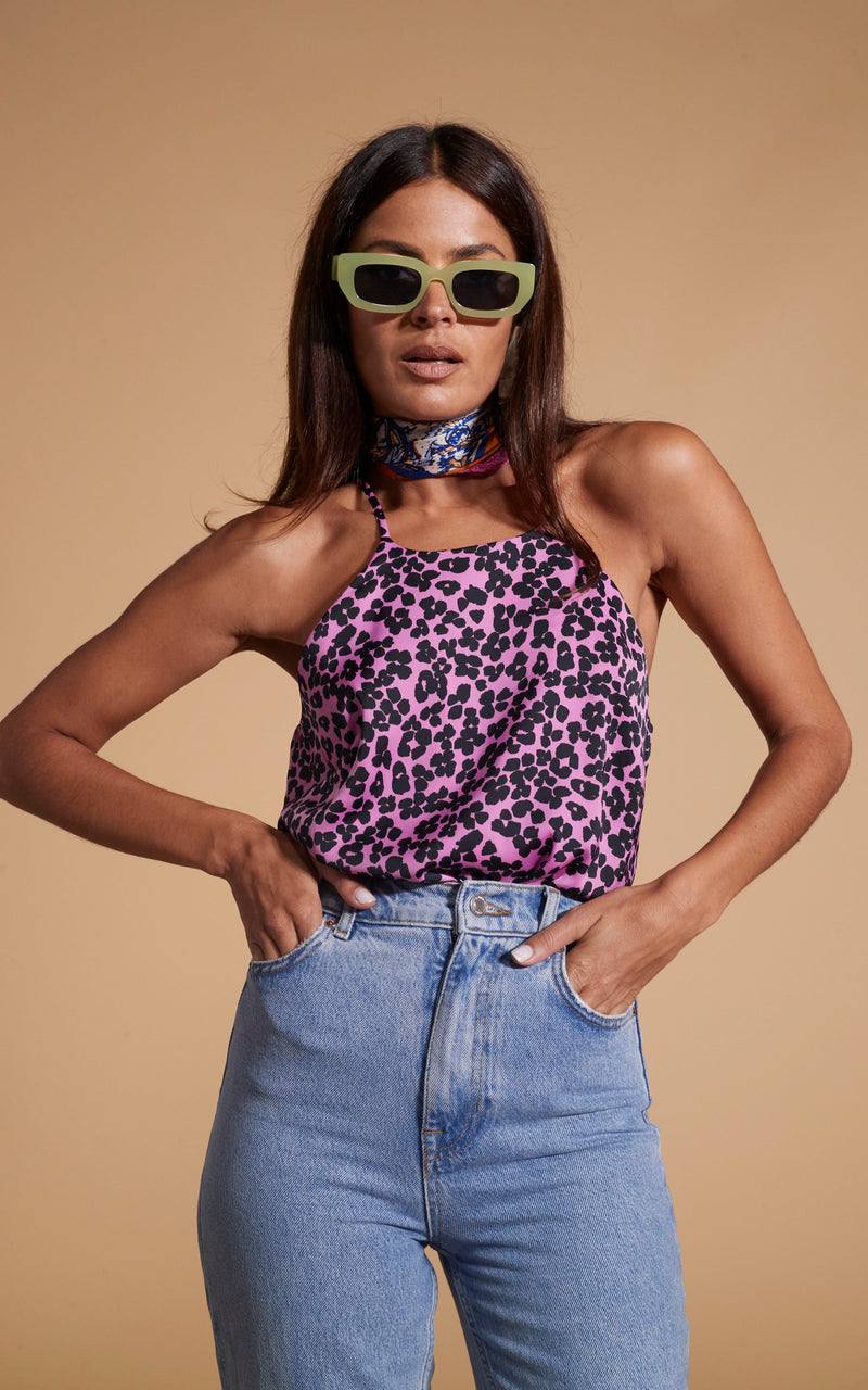 Nina Halter Cami Top In Black On Pink Leopard – Dancing Leopard