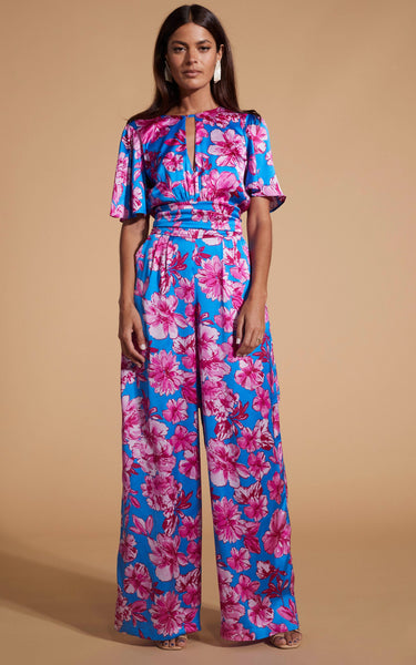 Savannah Jumpsuit In Pink On Blue Floral – Dancing Leopard