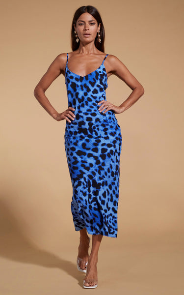 Sienna Midaxi Slip Dress in Bright Blue Leopard | Dancing Leopard