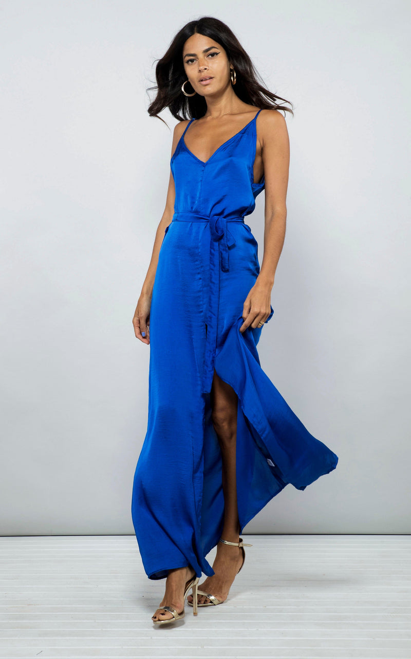 Elevated Romance Navy Blue Satin Asymmetrical Maxi Slip Dress