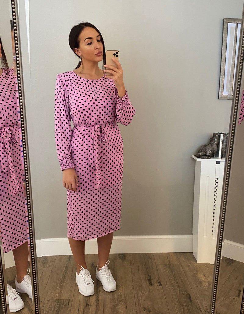 Sabina Midi Dress in Pink Polka Dot